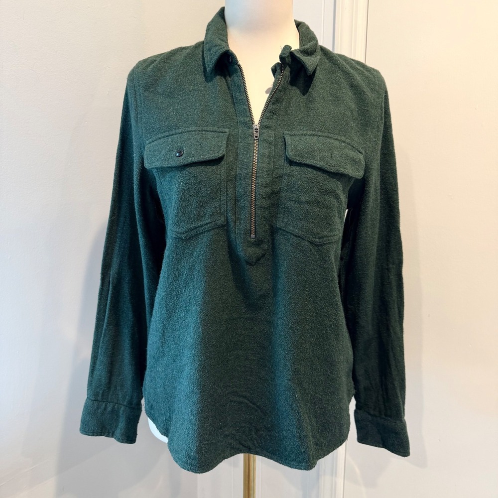 Madewell Green Flannel Half Zip Pullover Shirt Cozy Cotton | Size M